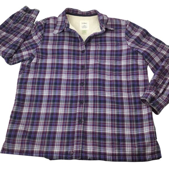 L.L. Bean Sherpa Lined Plaid Flannel Jacket Shacket Purple Women's Large Button - Picture 6 of 9